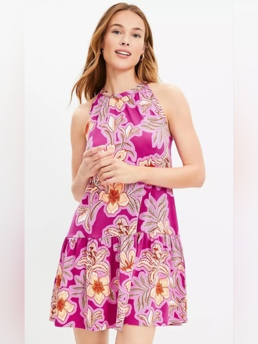 LOFT Pink and Orange Floral Halter Tiered Mini Dress, Medium
